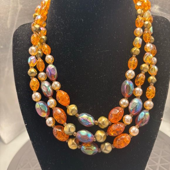 Vintage Jewelry - Amber 3 Strand Necklace Triple Strand with Beaded Front or Back Clasp